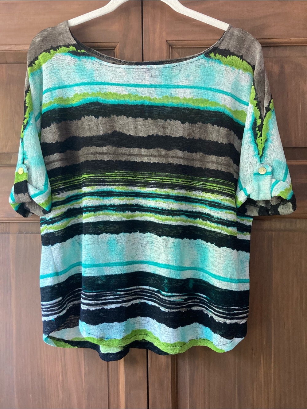 Andria Lieu Blue, Green, Brown, & Black Striped Open Knit Top M